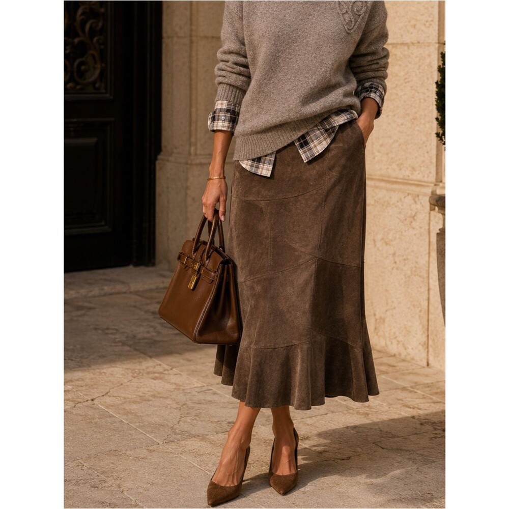 Monsoon Brown Genuine Suede Leather Midi Skirt Ruffle Hem Size M
